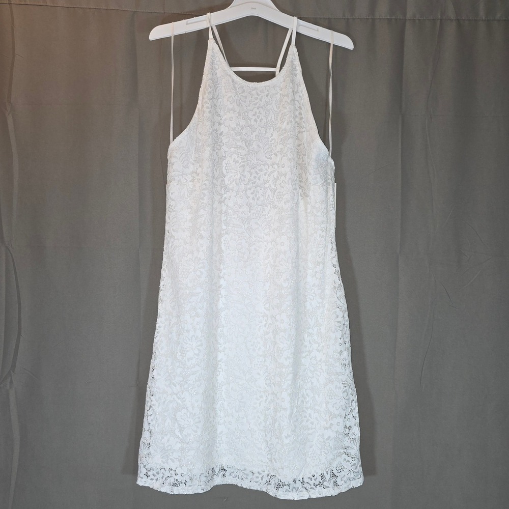 A New Day Womens White Lace Halter Mini Dress Open Back Adjustable Straps M